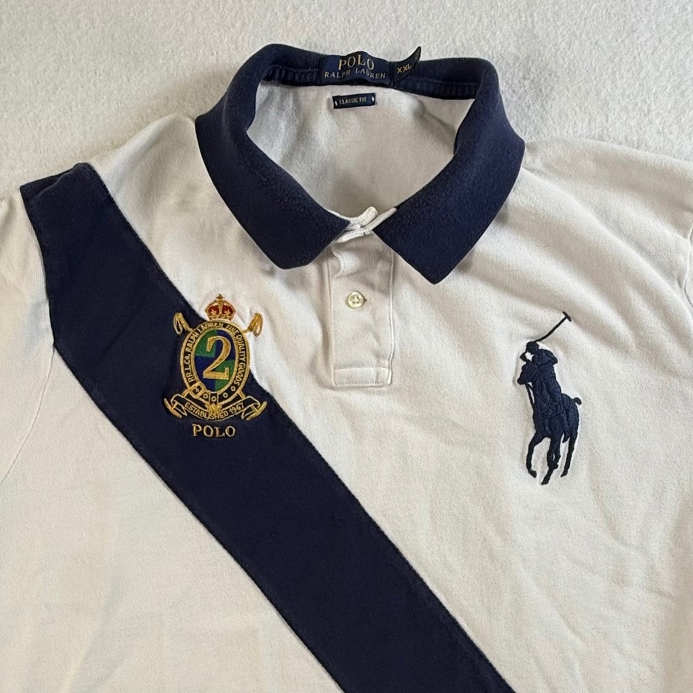 Polo Ralph Lauren Polo Shirt Mens 2XL Classic Fit Big Pony Crest White Navy